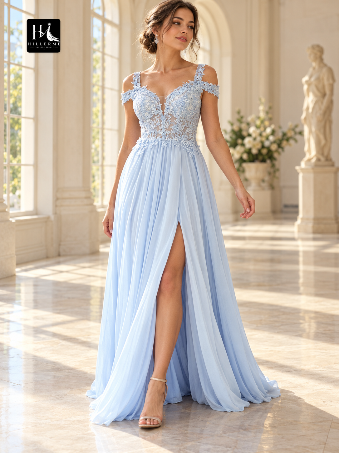 Off-the-Shoulder Sleeveless A-Line Floor-Length Applique Chiffon Prom Dress