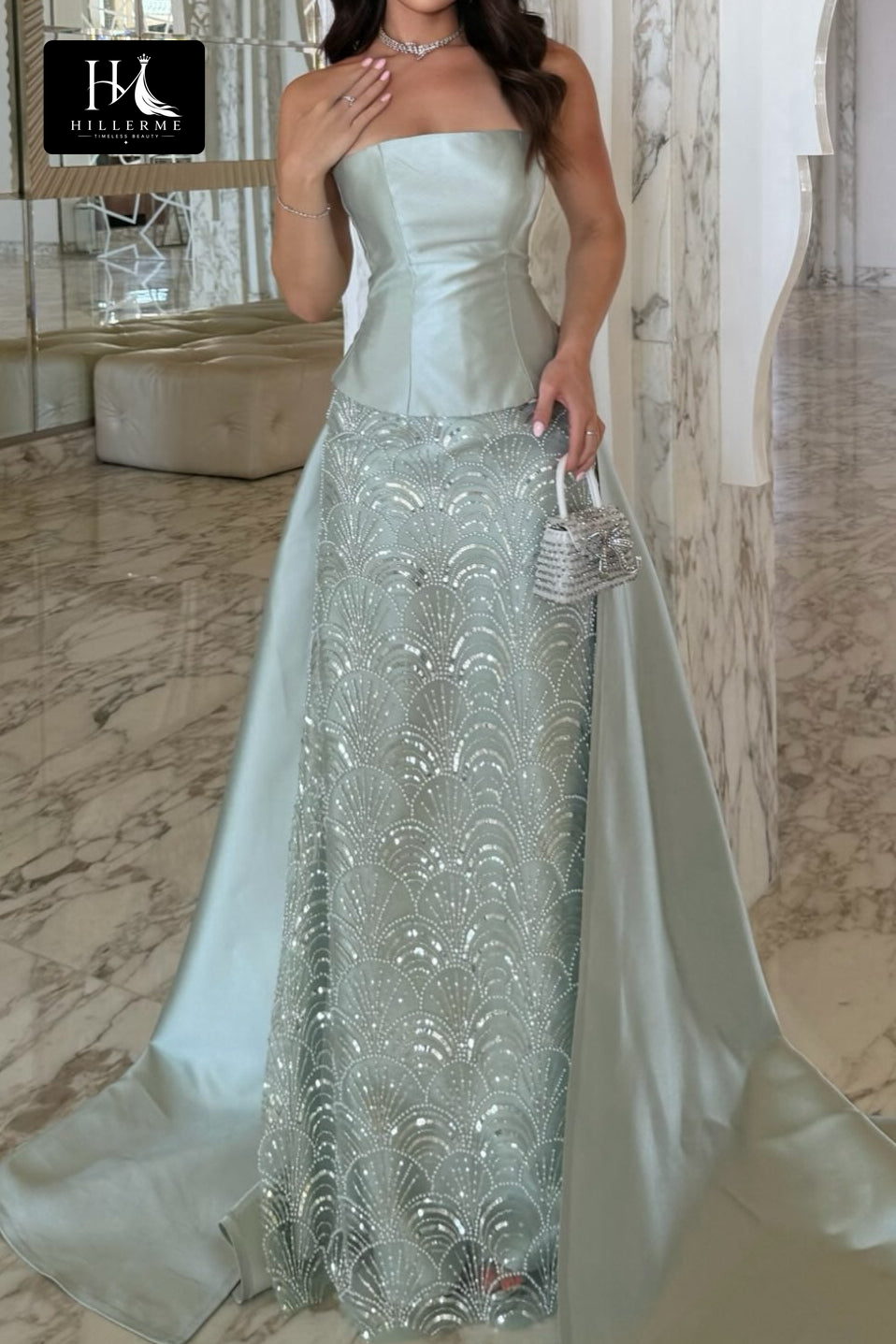 Strapless Fitted Gown with Beaded Scallop Skirt and Flowing Satin Train