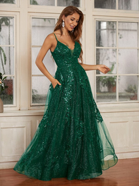 Floor-length sleeveless V-neck prom dress with A-line silhouette and lace appliques