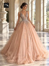 Ball Gown V-Neck Sleeveless Floor-Length Beading Tulle Prom Dress