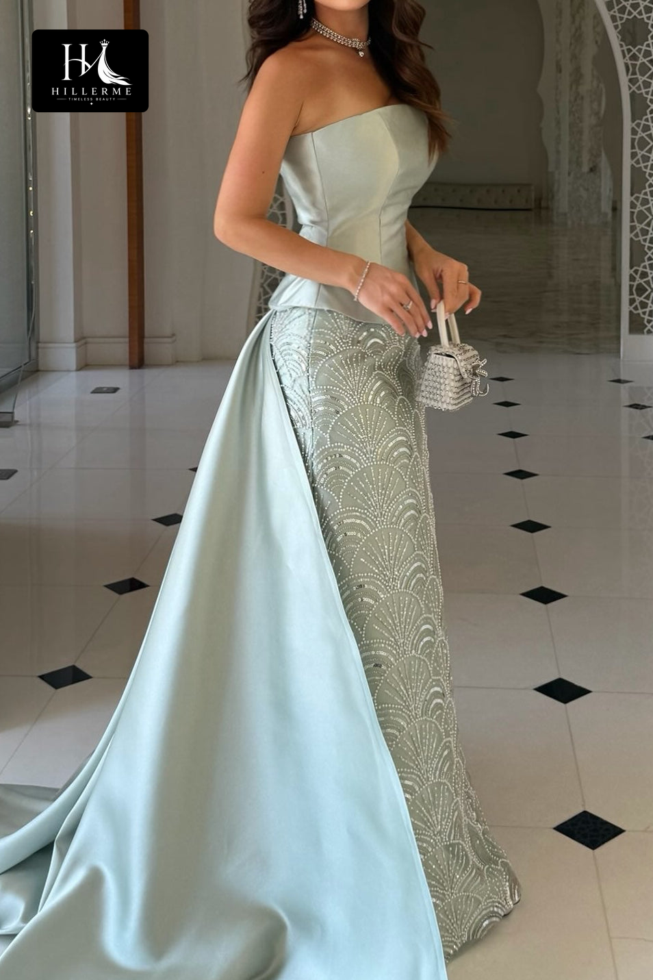 Strapless Fitted Gown with Beaded Scallop Skirt and Flowing Satin Train