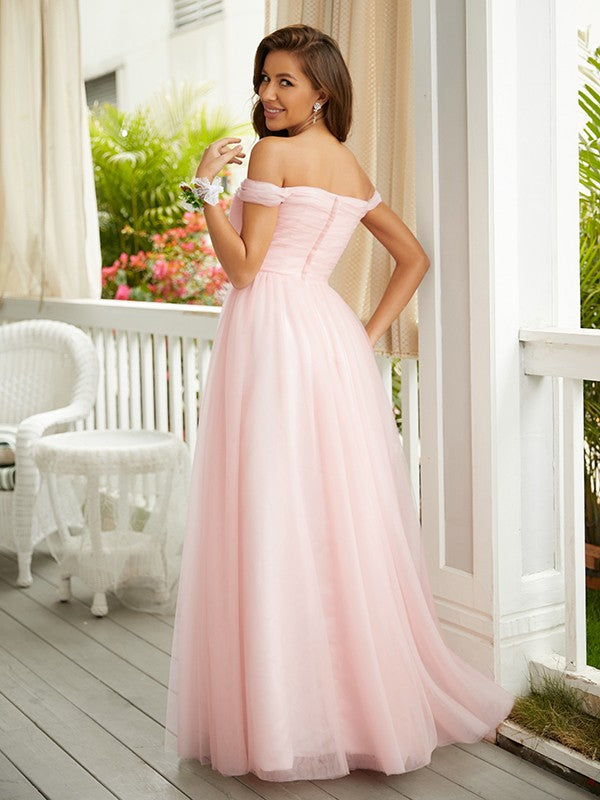 Back view of A-line off-the-shoulder ruched tulle floor-length prom dress