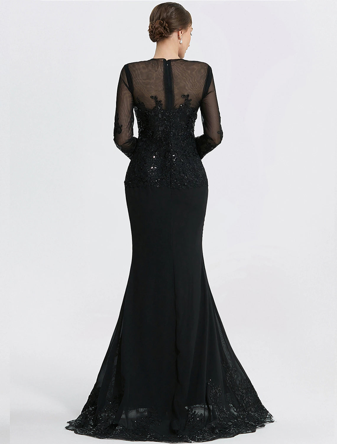 Detail of lace with appliques on floor-length long sleeve black evening gown