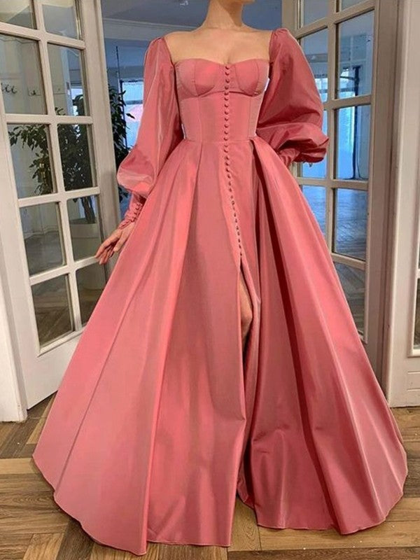 A-line square neck long sleeve satin floor-length prom dress with ruffles