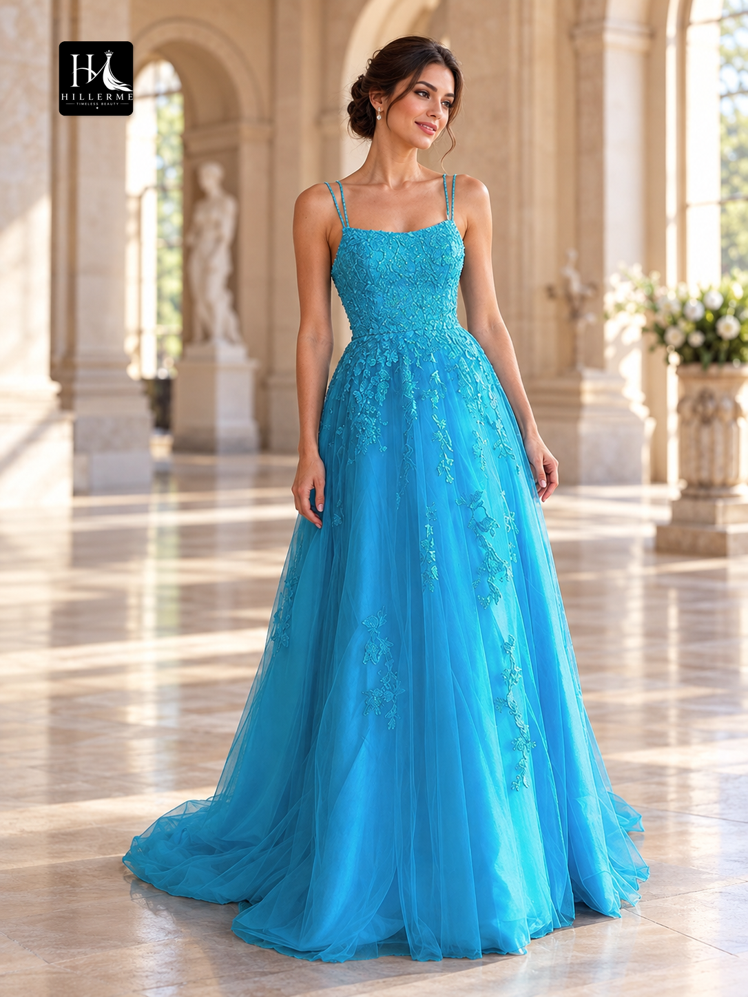 A-Line Spaghetti Straps Tulle Applique Prom Dress with Sweep Train
