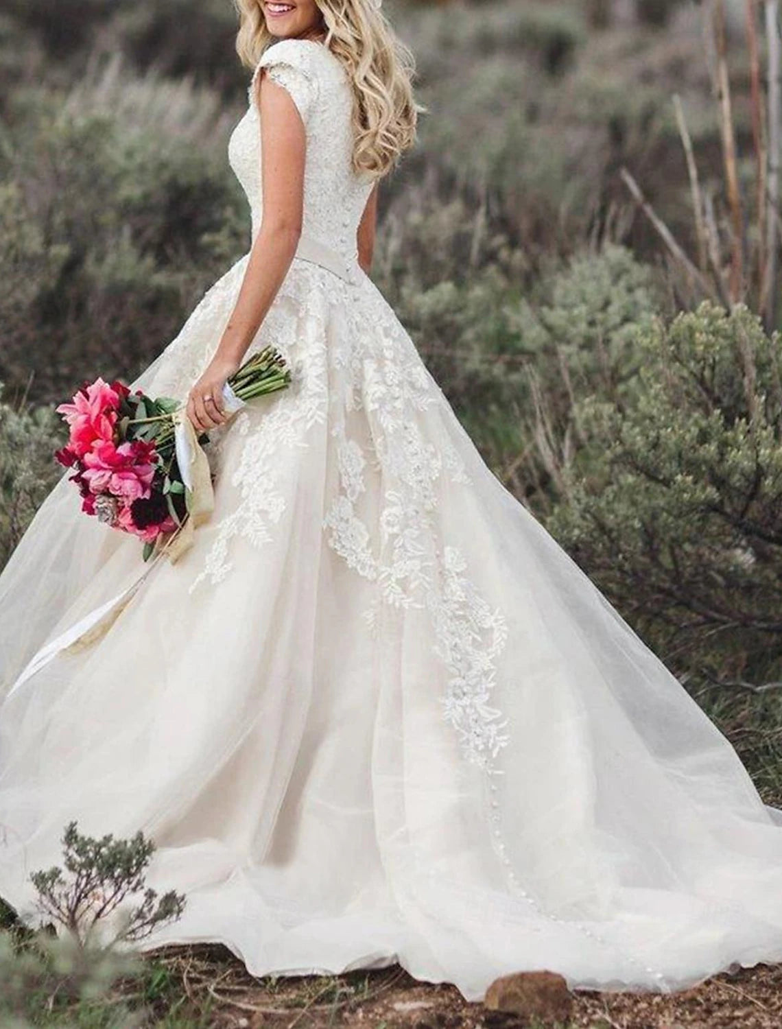 Formal chiffon wedding dress featuring short sleeves and a V-neckline