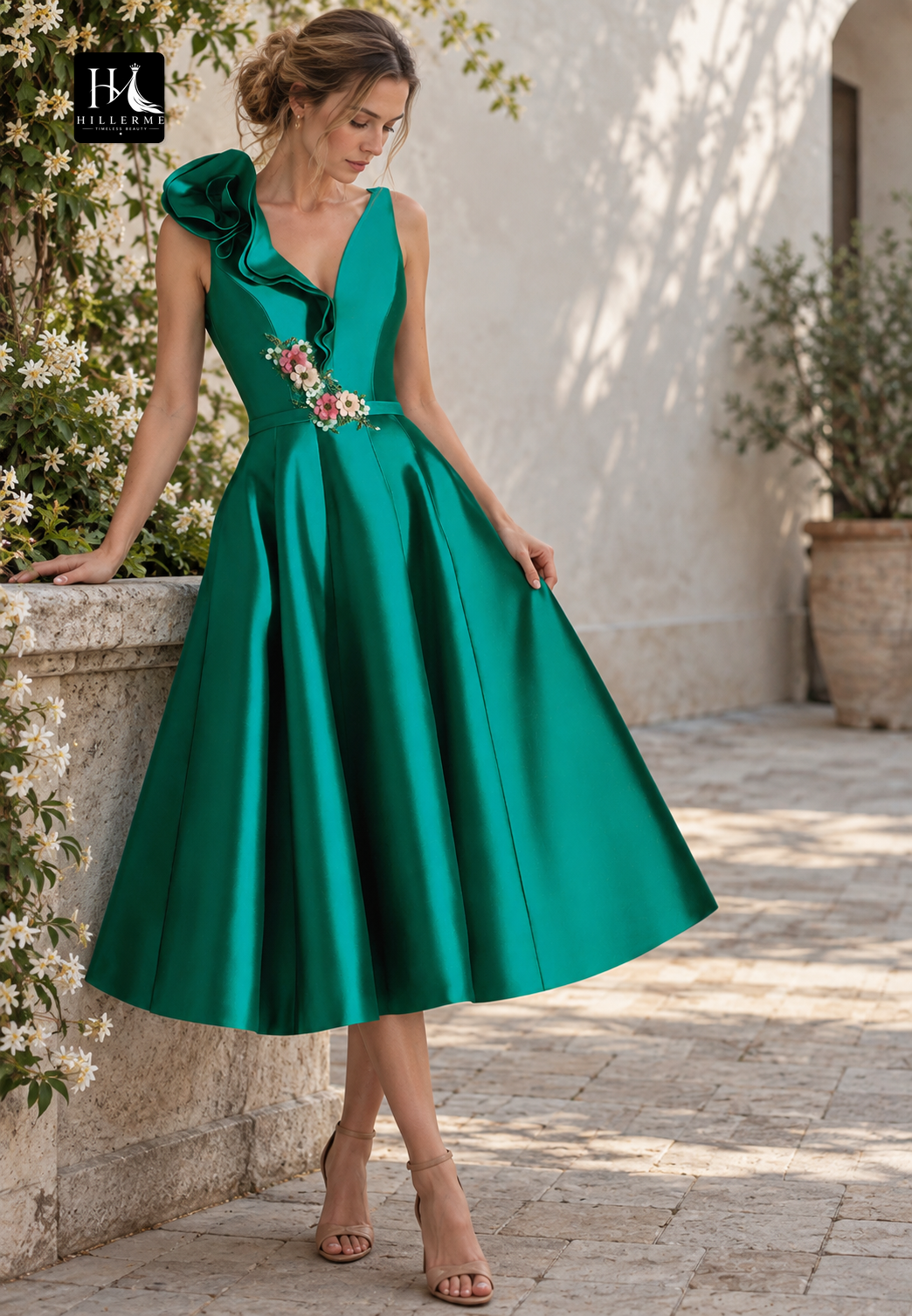 Floral Embellished A-Line Cocktail Gown with Deep V-Neck and Off-Shoulder Design for Mother of the Bride