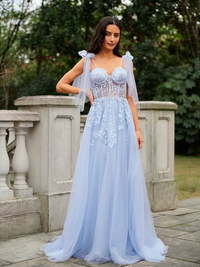 A-line tulle prom dress with appliques and straps