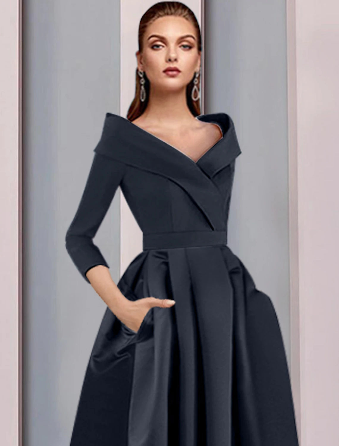 A-line asymmetrical satin wedding guest dress with 3/4 sleeves and pleats