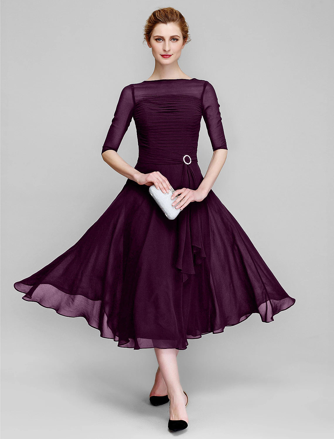 Chiffon tea length mother of the bride dress with elegant bateau neck
