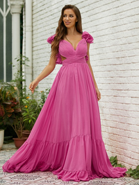 V-neck sleeveless A-line chiffon prom dress with sweep train