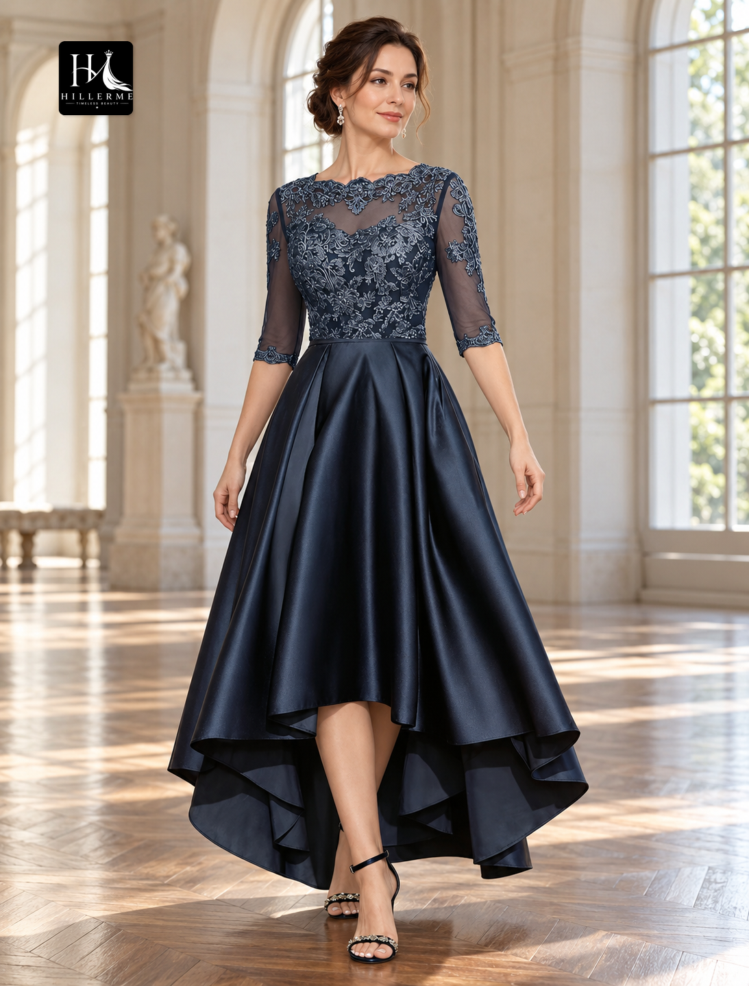 A-Line Jewel Neck Mother of the Bride Dress in Italy Satin with Asymmetrical Lace