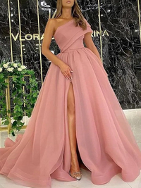 One-shoulder sleeveless organza ruffle ball gown prom dress with sweep train