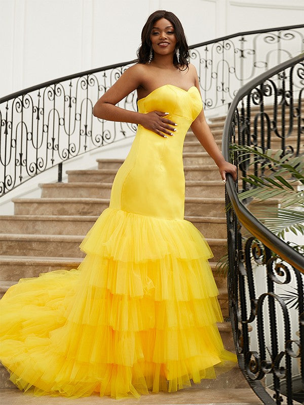 Sweetheart neckline sleeveless satin layers trumpet/mermaid prom dress