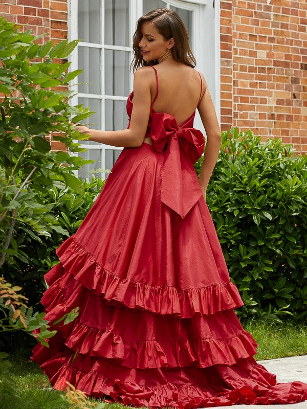 V-neck sleeveless A-line prom dress with asymmetrical taffeta layers
