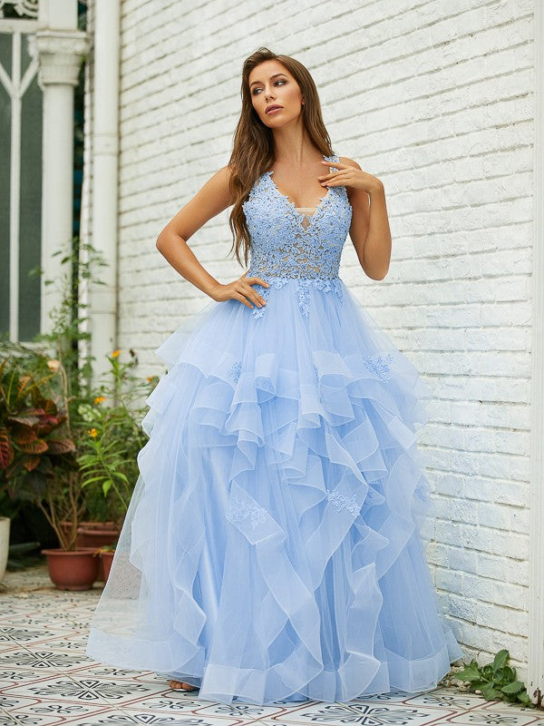 Lace and tulle sleeveless V-neck A-line floor-length prom dress