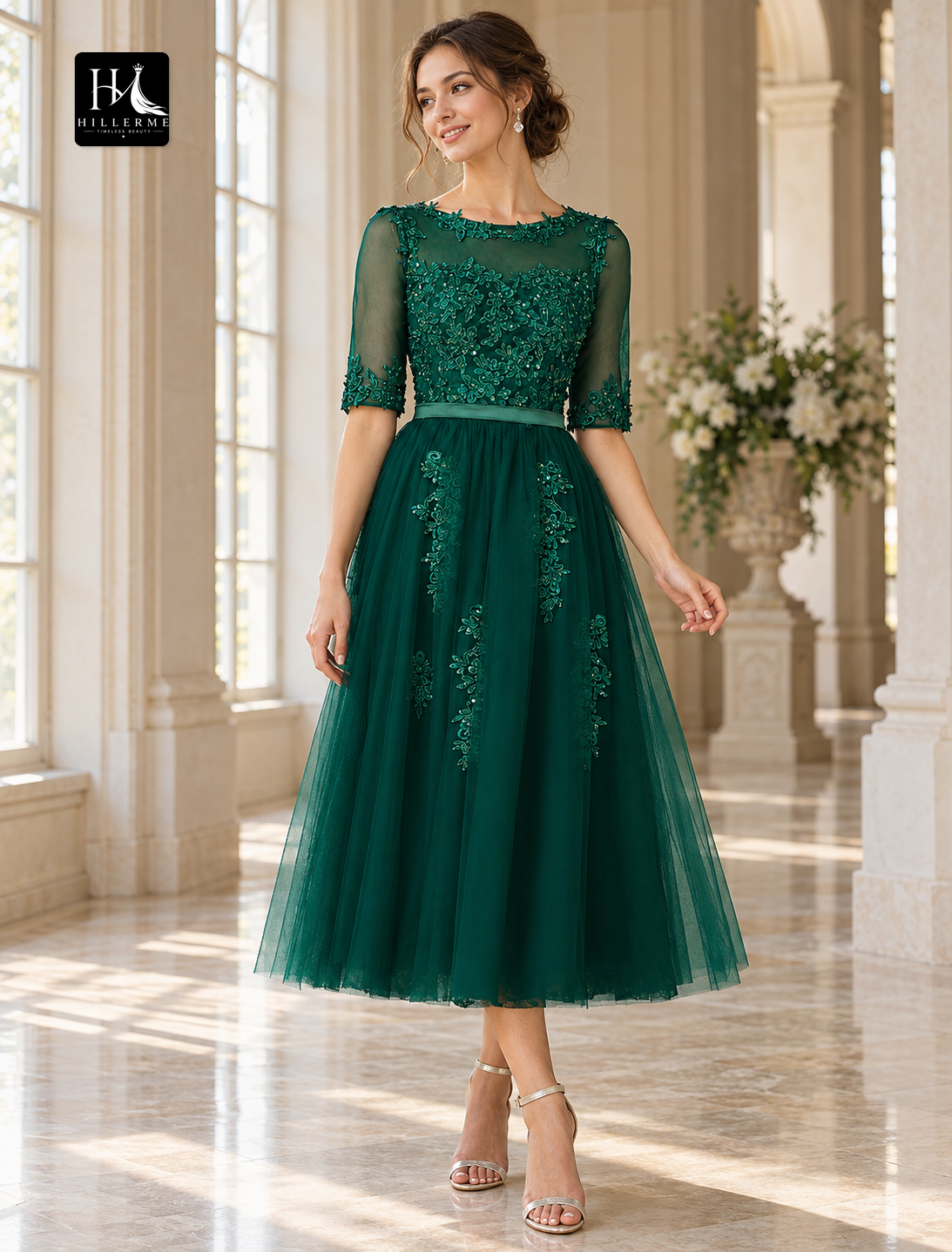 A-Line Sleeveless Illusion Neck Tea Length Cocktail Dress with Sequin Lace Over Tulle