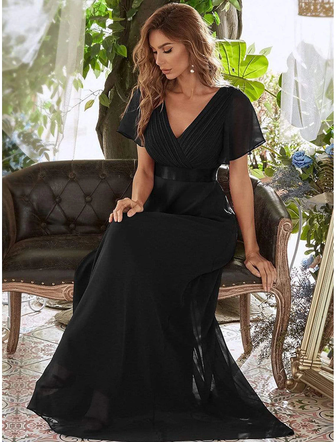 Floor-length chiffon wedding guest dress with ruffled V-back