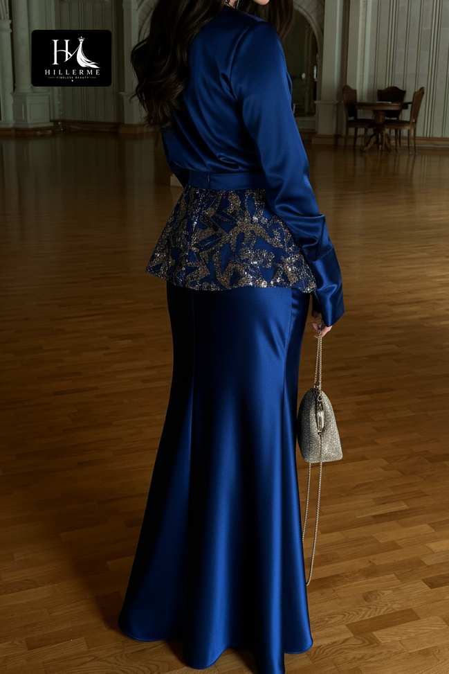 Satin Evening Gown with Sequin-Wrapped Waistband and Long Sleeves