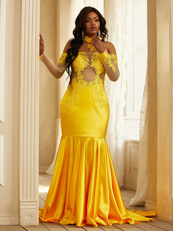 Off-the-shoulder long sleeve trumpet/mermaid prom dress in elastic woven satin with applique