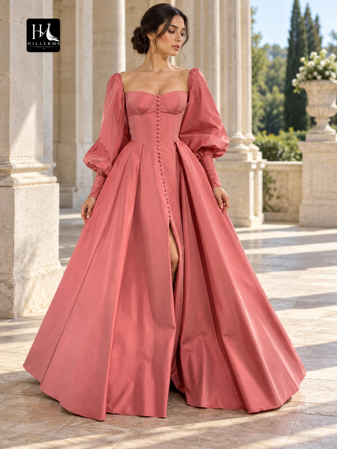 A-Line Square Neck Long Sleeve Ruffle Satin Floor-Length Prom Dress