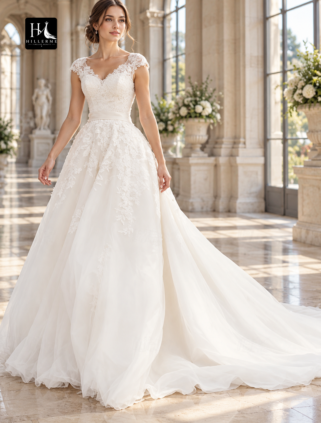 V-Neck Short Sleeve Chiffon Ball Gown Wedding Dress with Cathedral Train and Appliques