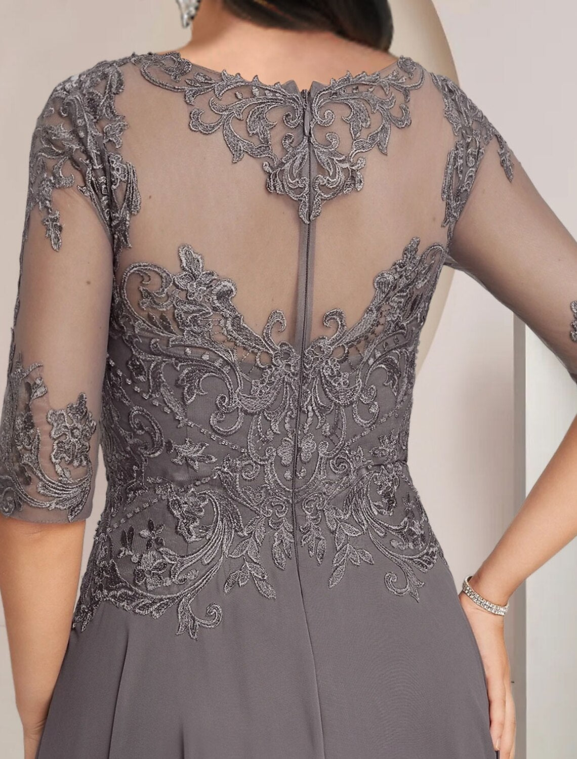 High-low tea-length chiffon wedding guest dress with lace appliques and pleats