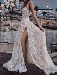 A-line sweetheart lace wedding dress with regular straps, split front, and court train in ivory