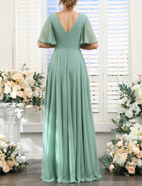 Full-length front view of A-line chiffon bridesmaid dress showing V-neckline and split front skirt