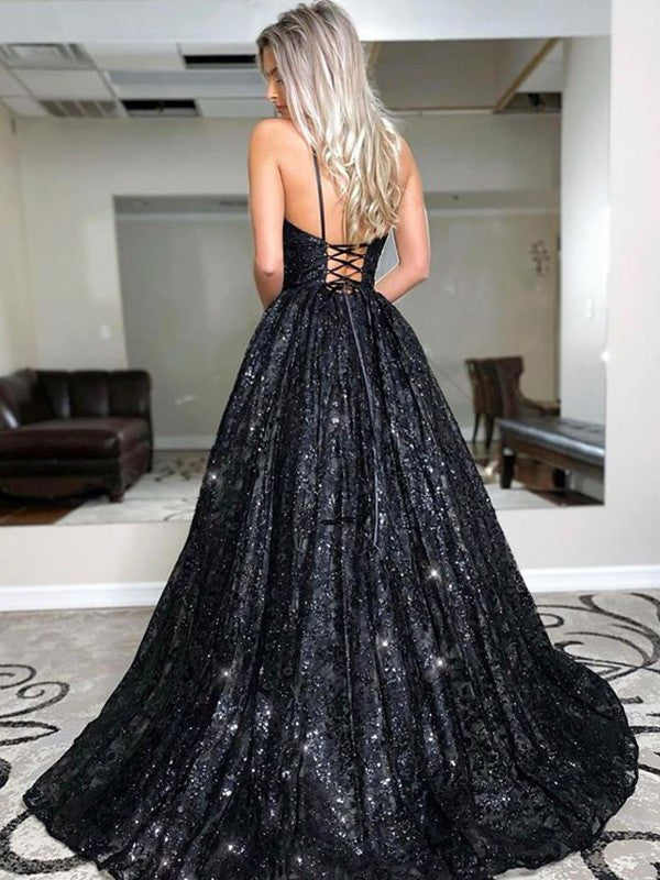Floor-length sequin sleeveless A-line prom dress with V-neckline