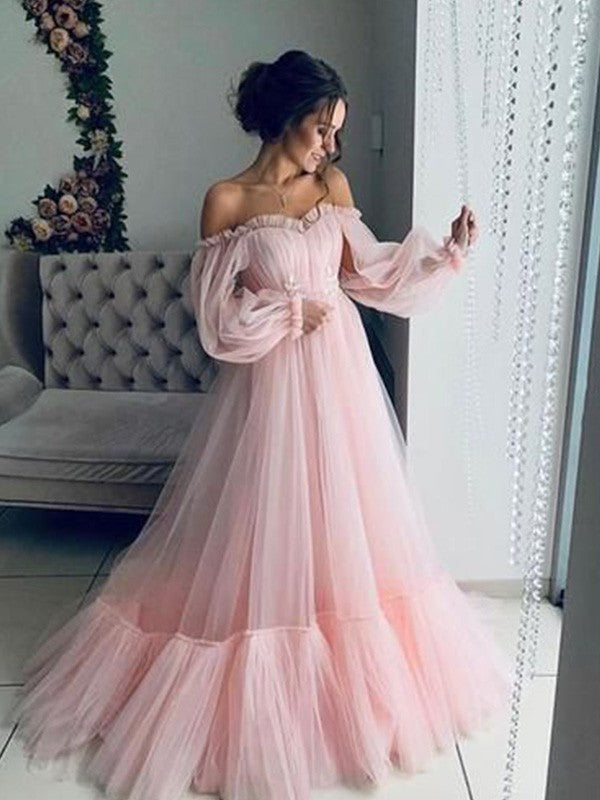 Off-the-shoulder long-sleeve tulle applique floor-length A-line prom dress