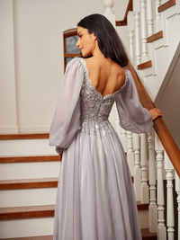 Silver A-line 30D chiffon floor-length prom dress with V-neck and applique long sleeves
