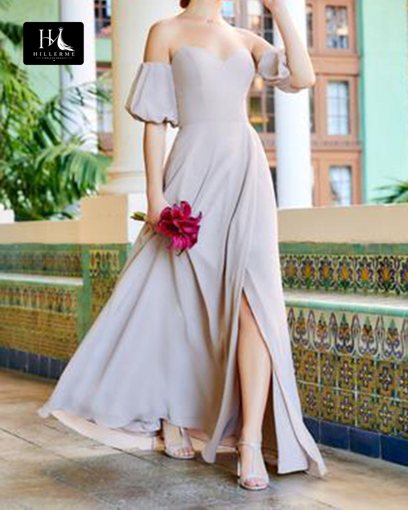 B5112 - A-Line Strapless Sweetheart Cap Sleeve Long Bridesmaid Dress with Slit