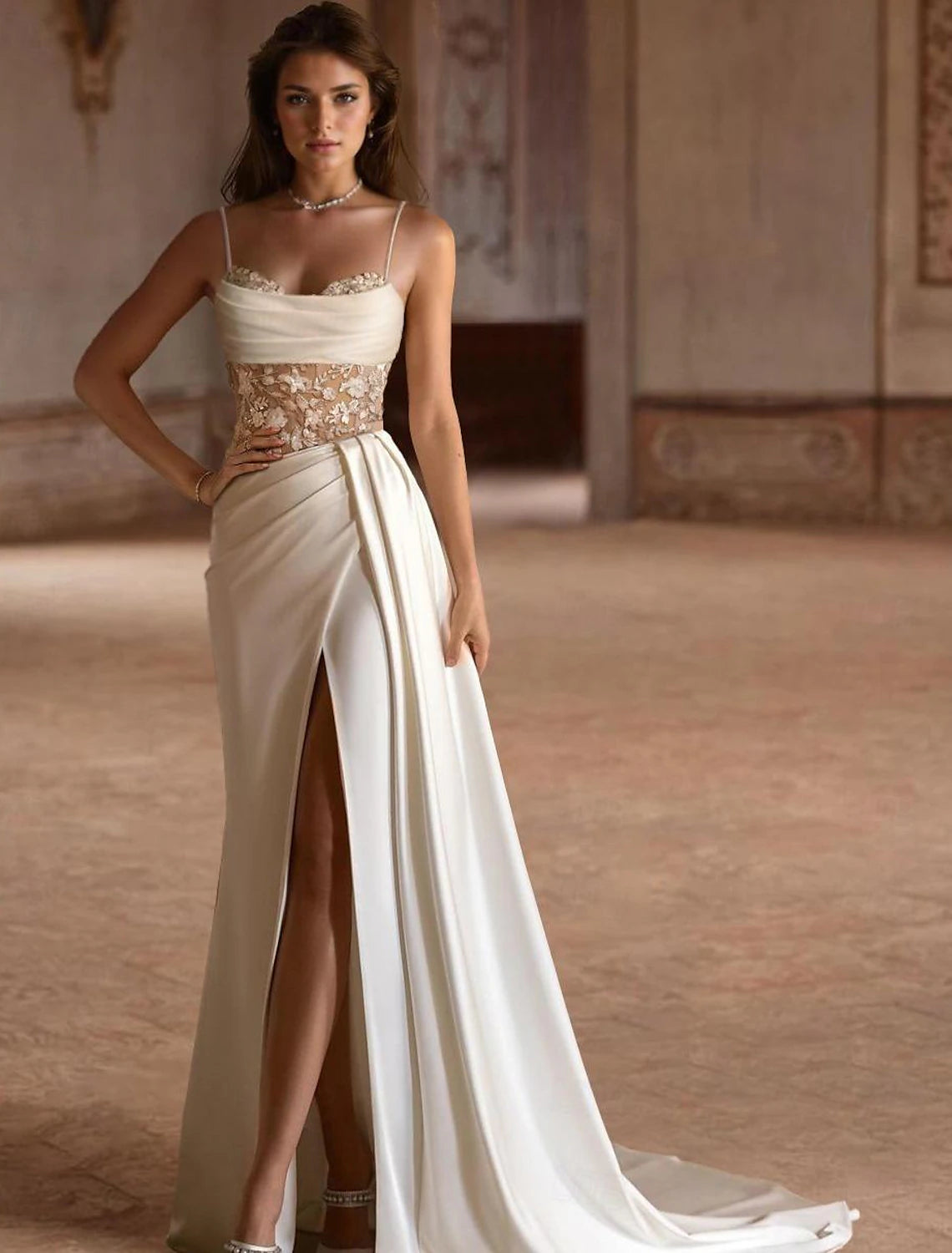 A-line satin wedding dress with scoop neck, spaghetti straps, pleats, and beading in Ivory