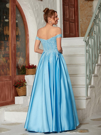 Floor-length A-line prom dress crafted from satin and lace