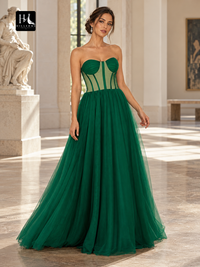 A-Line Sweetheart Sleeveless Ruffled Tulle Floor-Length Prom Dress