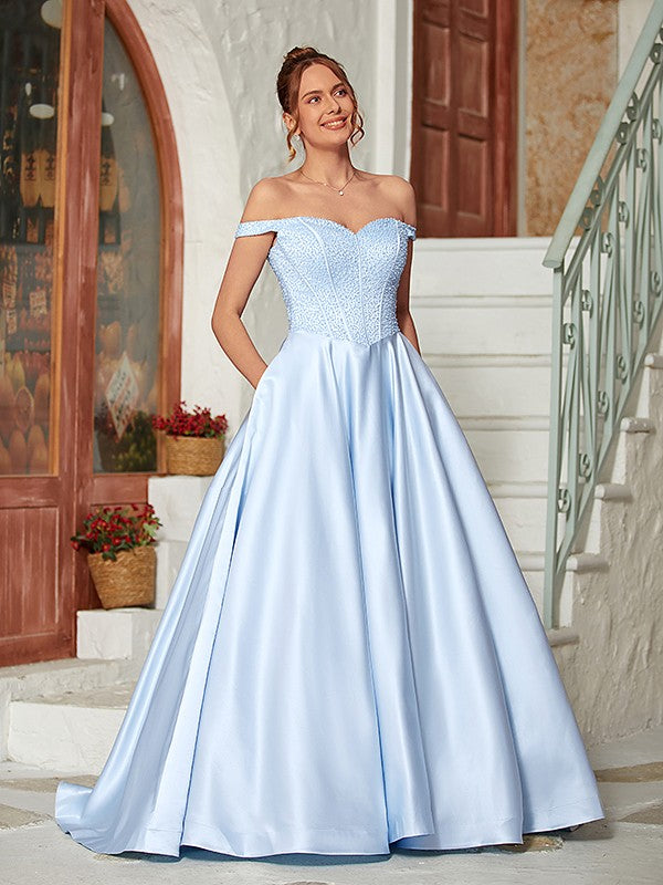 Off-the-shoulder sleeveless beaded satin ball gown prom dress with sweep train