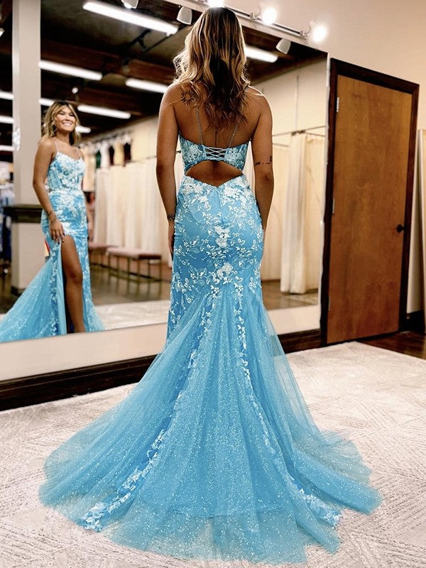 Sleeveless sheath column prom dress with lace applique and sweep train