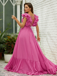 Sleeveless V-neck chiffon prom dress with ruffle detailing