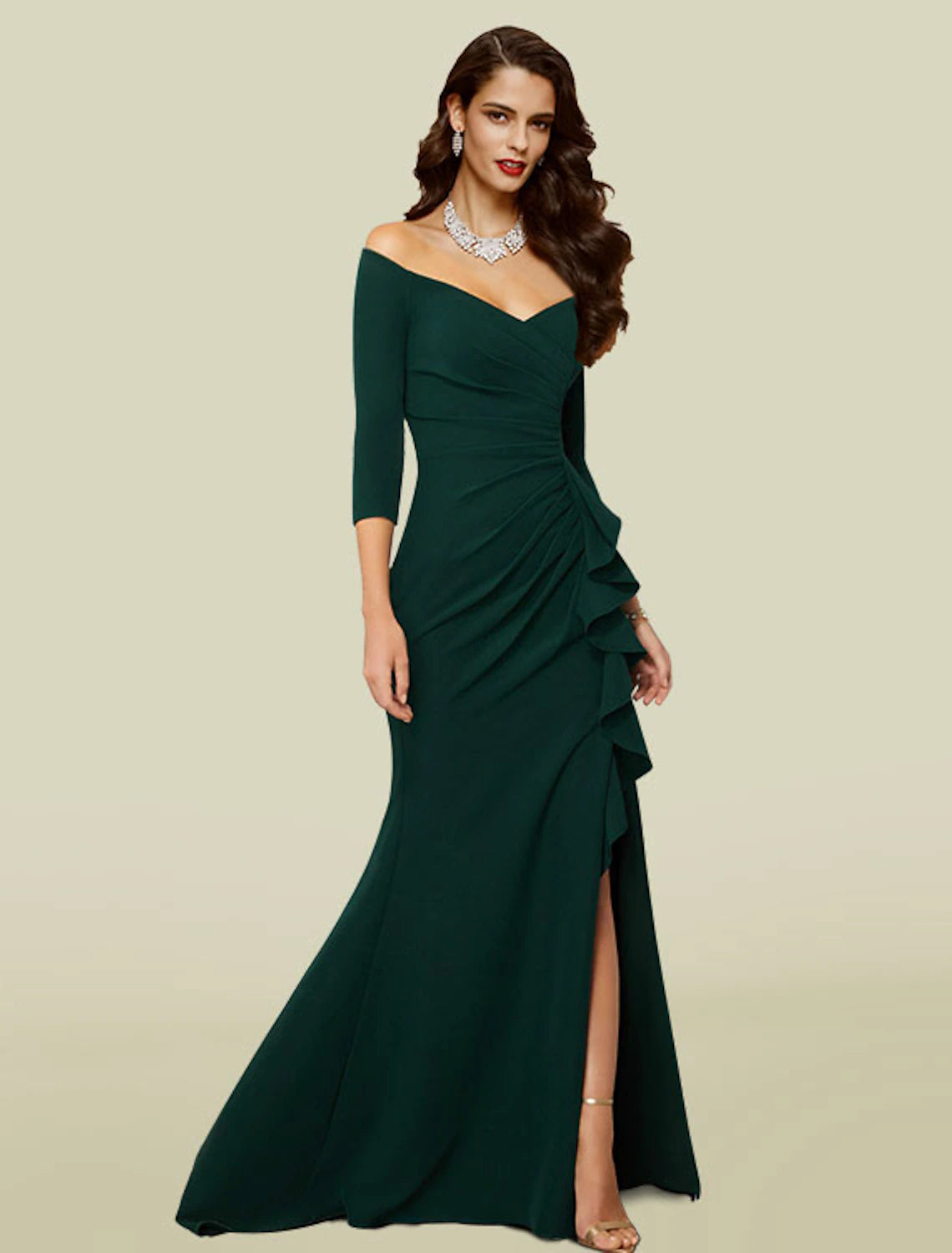 Dark green off-the-shoulder V-neck mermaid mother of the bride dress with 3/4 sleeves and split front