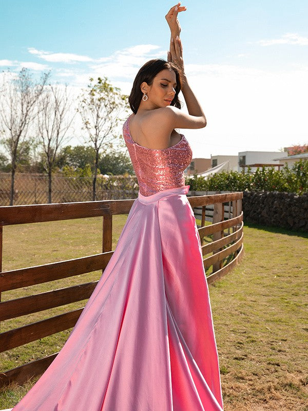 Sweep train detail of one-shoulder sequin elastic woven satin A-line prom dress