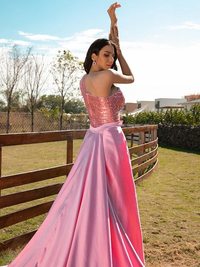 Sweep train detail of one-shoulder sequin elastic woven satin A-line prom dress