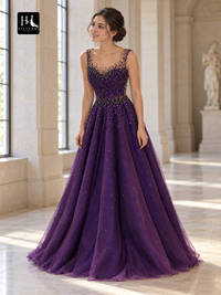 A-Line Scoop Neck Sleeveless Floor-Length Beaded Tulle Prom Dress