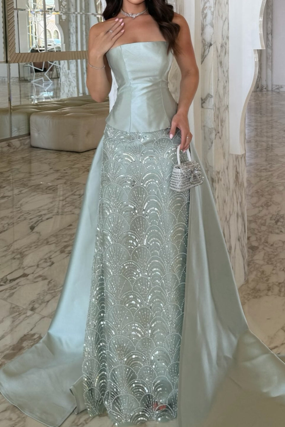 Strapless Fitted Gown with Beaded Scallop Skirt and Flowing Satin Train