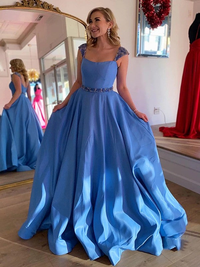 Sleeveless satin A-line prom dress with beaded straps and brush train