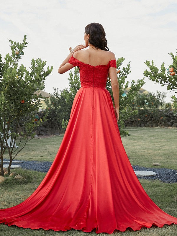 Two-piece off-the-shoulder silk-like satin A-line prom dress showing sweep train