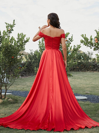 Two-piece off-the-shoulder silk-like satin A-line prom dress showing sweep train