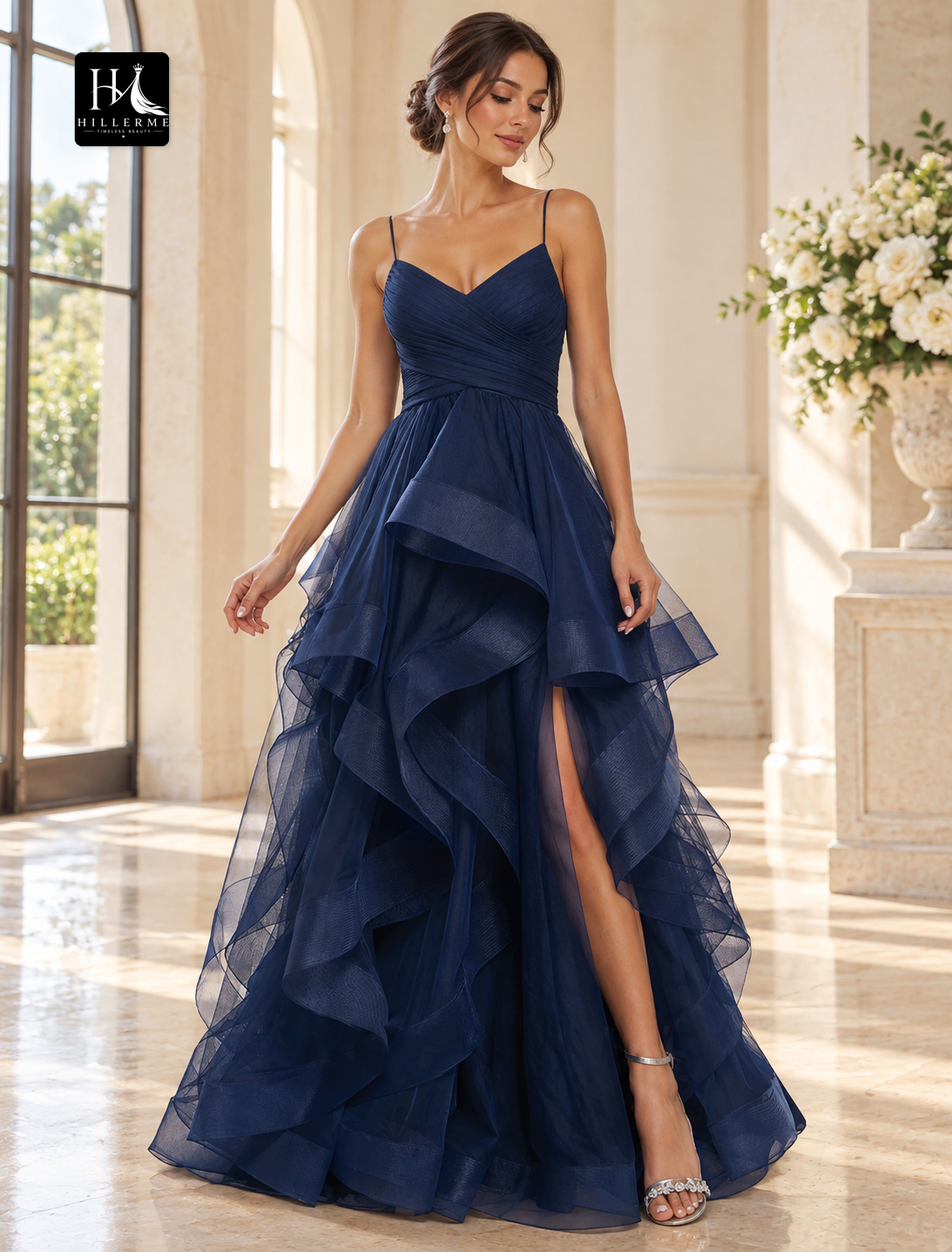 A-Line Spaghetti Strap Organza Evening Gown with Ruched Ruffles and Slit