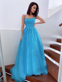 Princess A-line tulle prom dress featuring spaghetti straps and sweep train