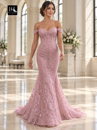 Off-the-Shoulder Lace Applique Sheath Prom Dress with Court Train